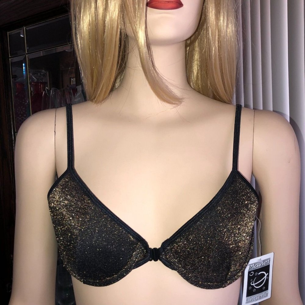 Planet Lingerie Front Hook Bra Size 34B Black w/ Metallic Gold Underwire y2K NWT